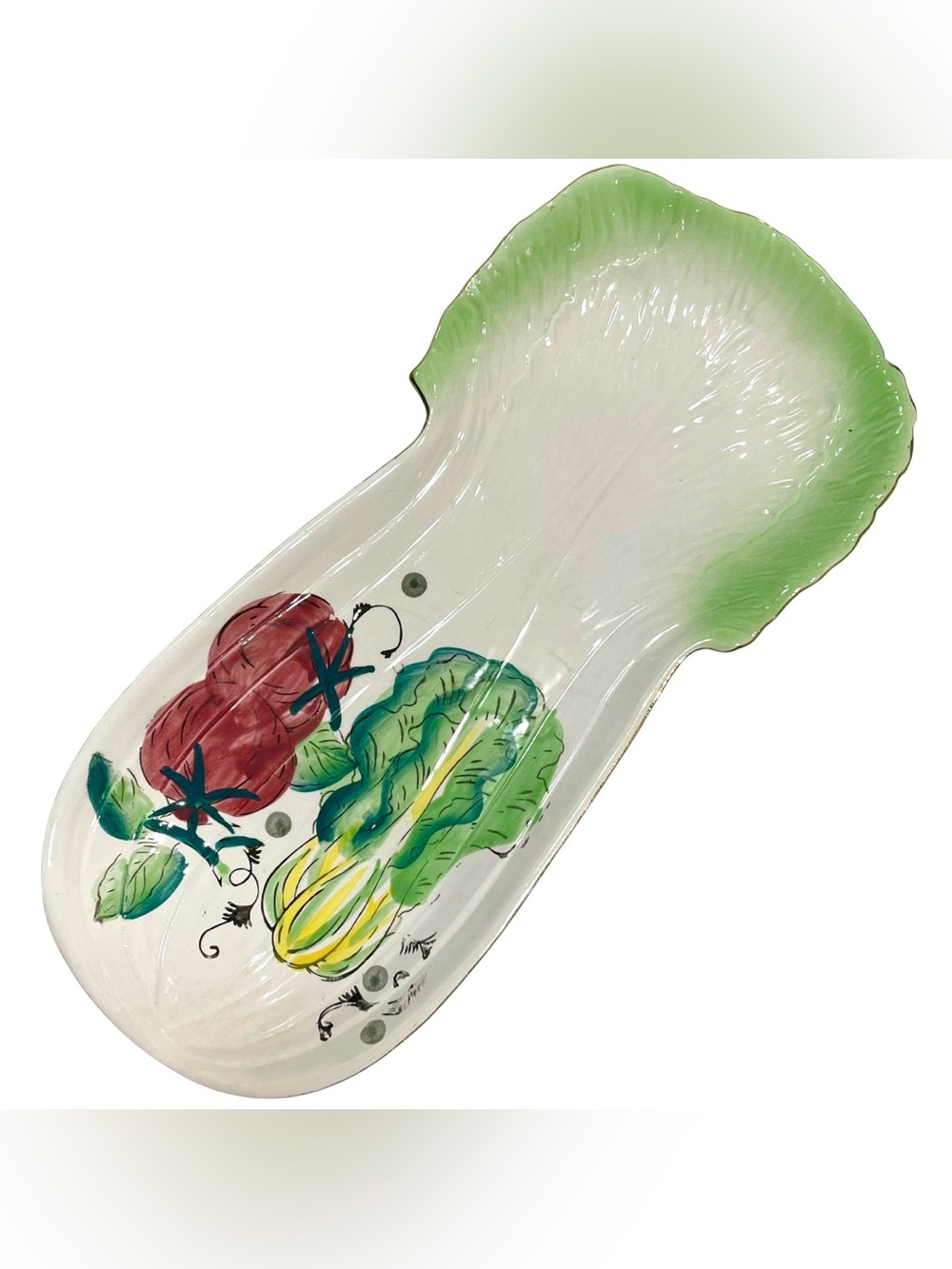 Vintage 1960s Hand Painted Ceramic Celery / Bok-Choy Shaped Serving Dish